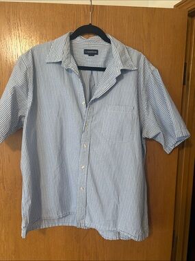 Lands' End Blue and White Striped Seersucker Short-Sleeve Shirt
